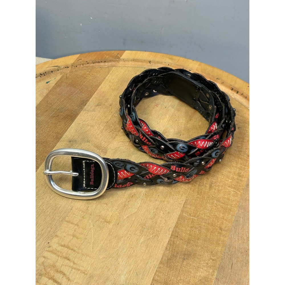 Fossil Belt Mens Large Red Black Georgia Bulldogs Dawgs Braided Leather